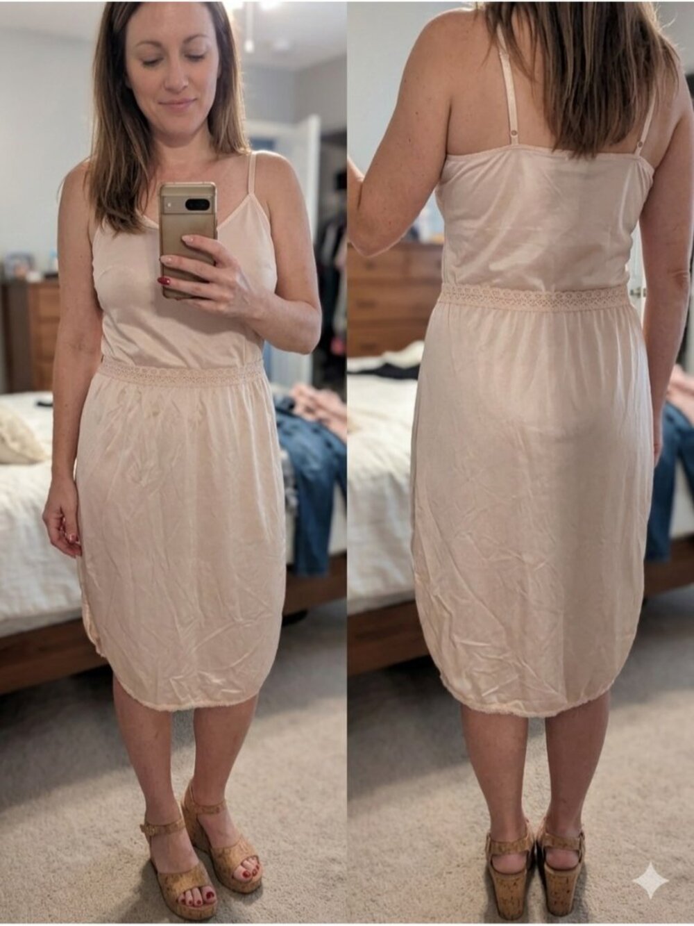 Vintage Lorraine Half Slip Extra Small Nude Pink Lace Trim Nylon Mid Slit XS